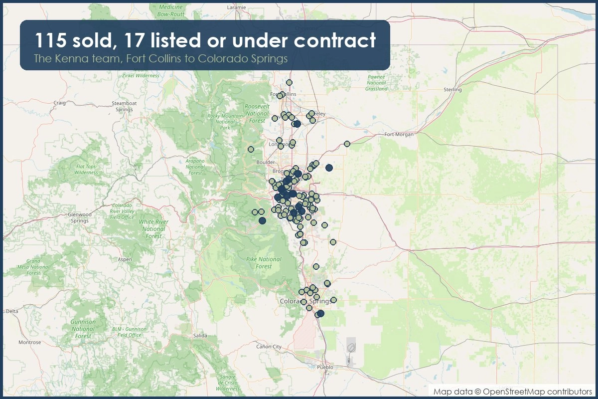 Map of the Front Range showing homes the Kenna Real Estate Group has sold, listed and put under contract