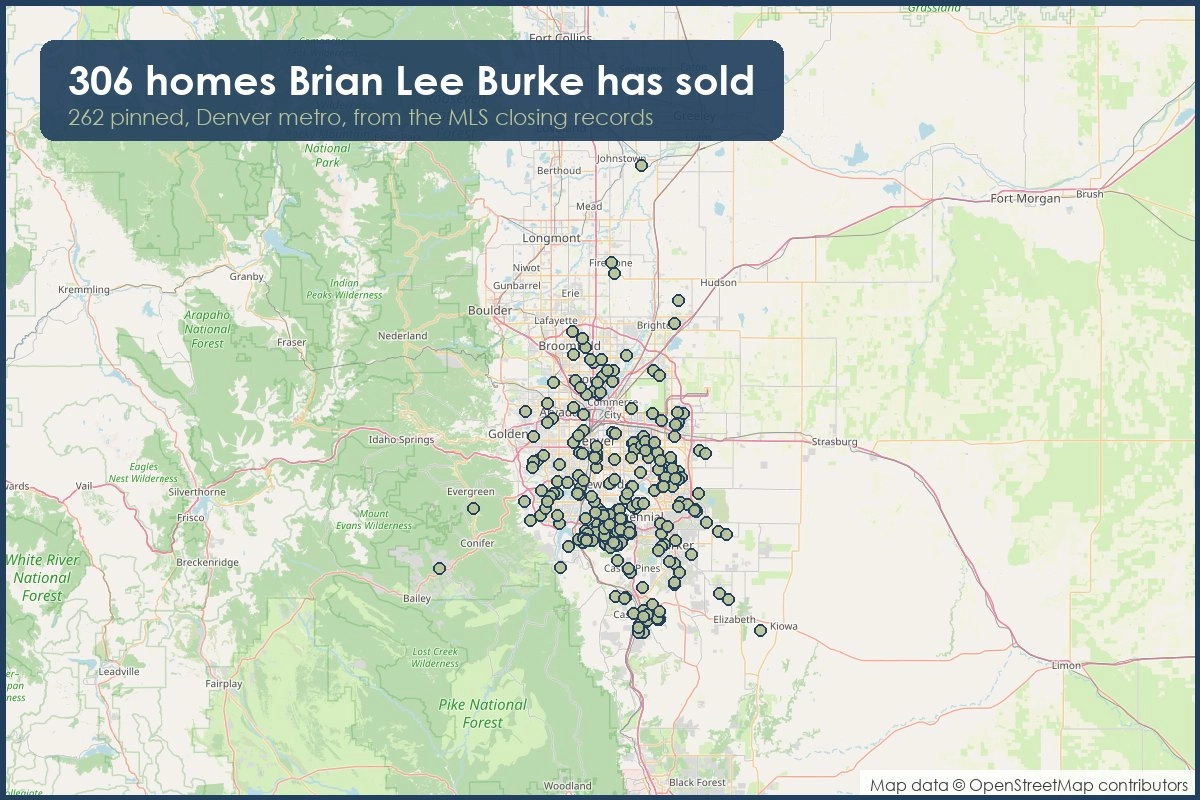 Map of the Denver metro showing every home Brian Lee Burke has sold