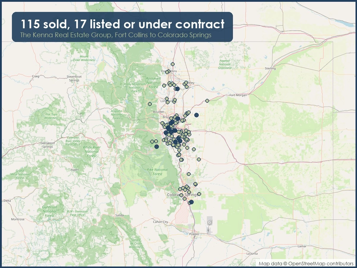 Map of the Front Range showing homes the Kenna Real Estate Group has sold, listed and put under contract