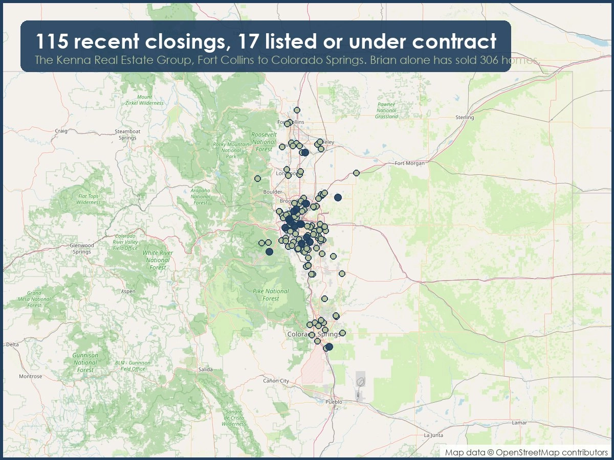 Map of the Front Range showing homes the Kenna Real Estate Group has sold, listed and put under contract