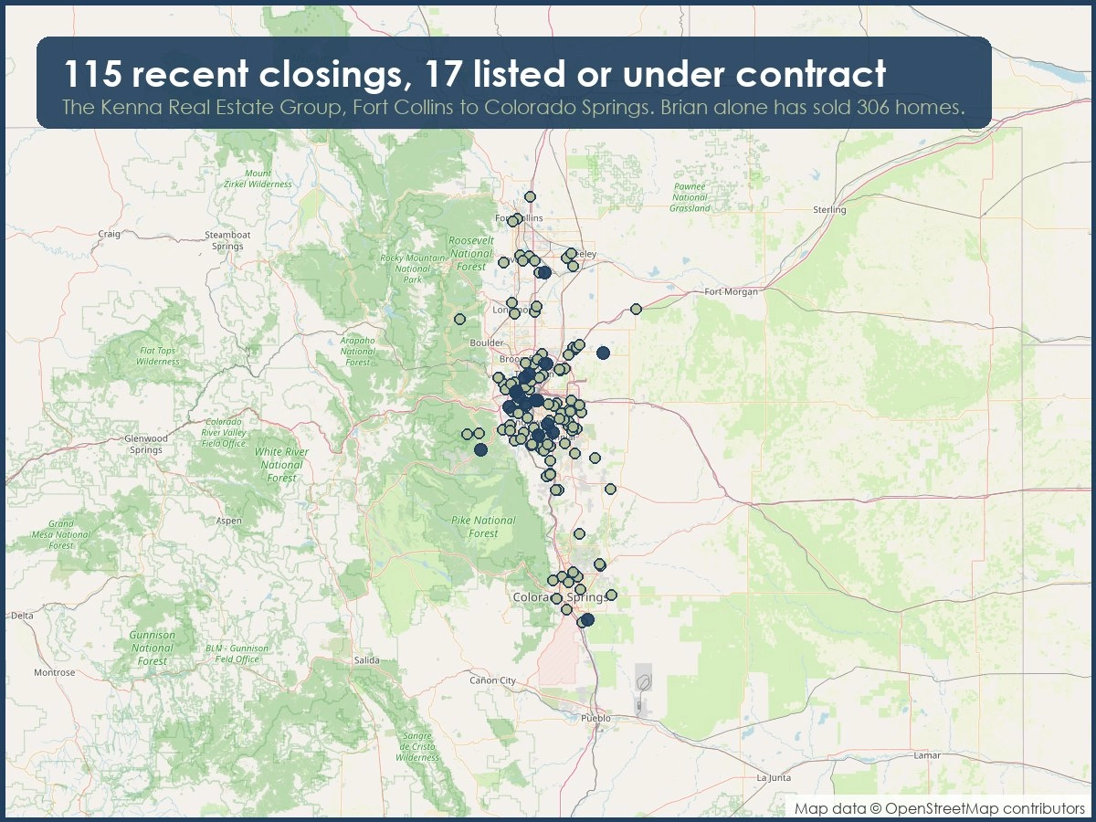Map of the Front Range showing homes the Kenna Real Estate Group has sold, listed and put under contract
