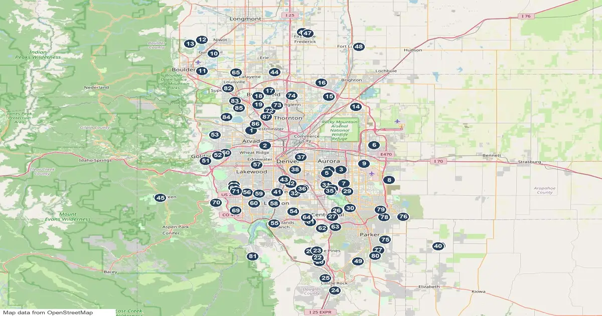 Map of golf courses in the Denver metro, numbered to match the list below, for buyers looking for golf course homes in Colorado
