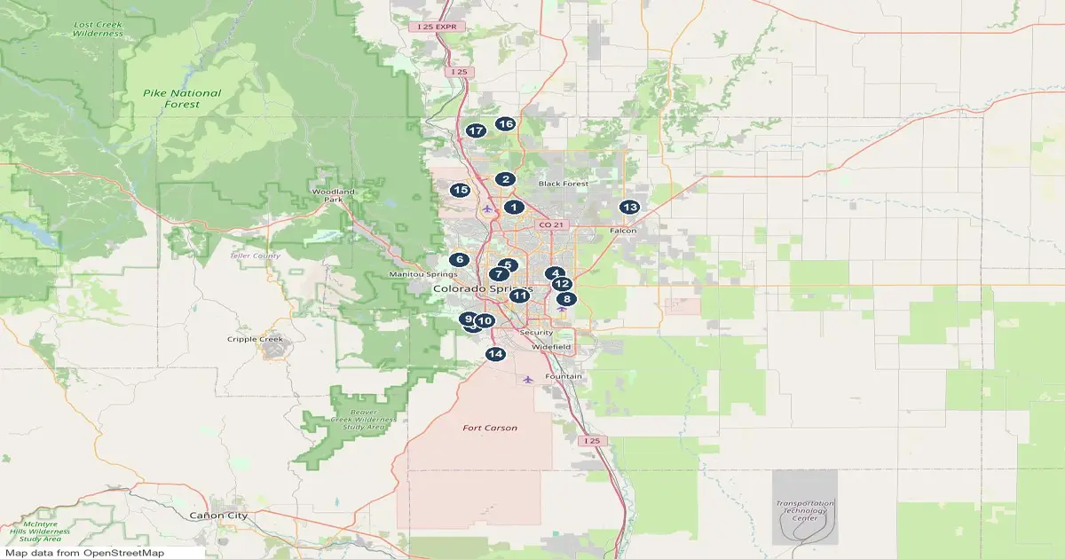 Map of golf courses in the Colorado Springs area, numbered to match the list below, for buyers looking for golf course homes in Colorado