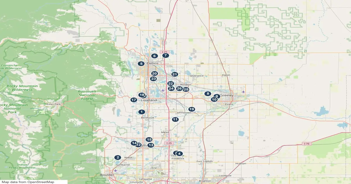 Map of golf courses in the Northern Colorado, numbered to match the list below, for buyers looking for golf course homes in Colorado