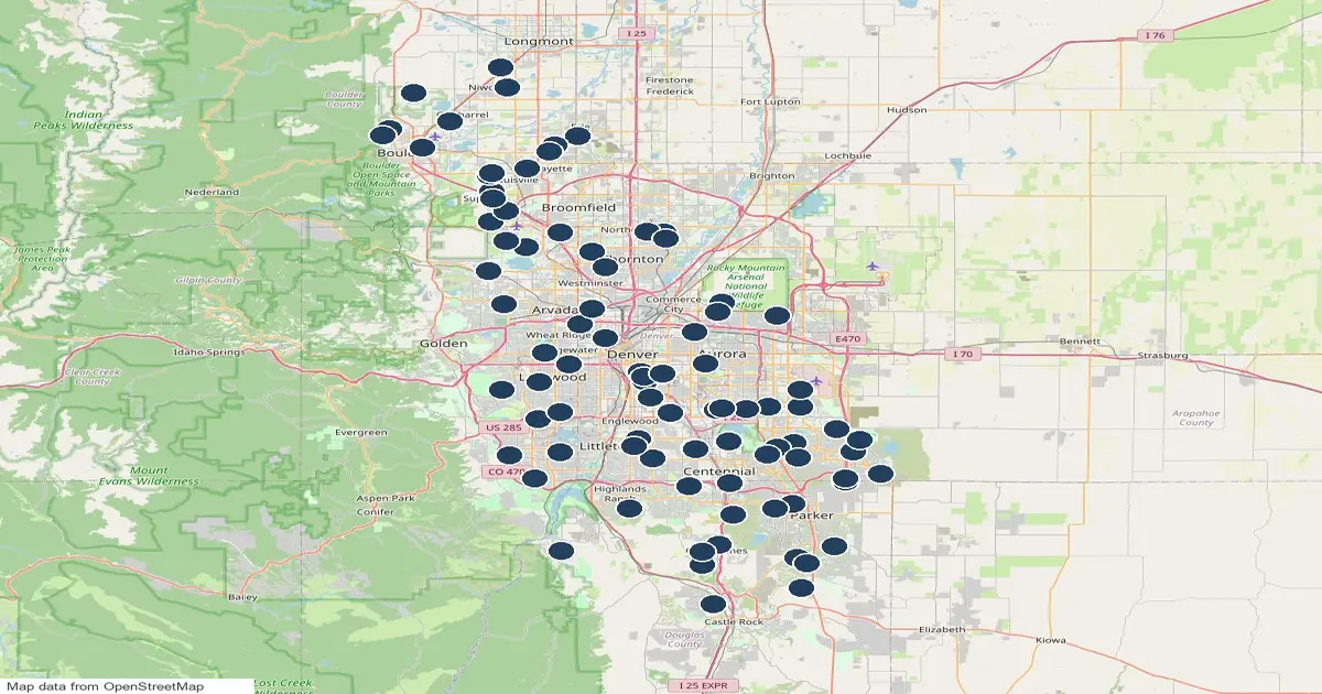 Map of 88 public pickleball court locations in the Denver metro, Colorado, for buyers looking for homes near pickleball courts