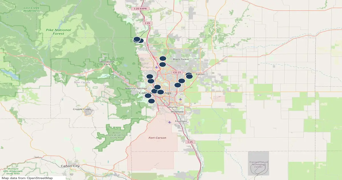 Map of 16 public pickleball court locations in the Colorado Springs area, Colorado, for buyers looking for homes near pickleball courts