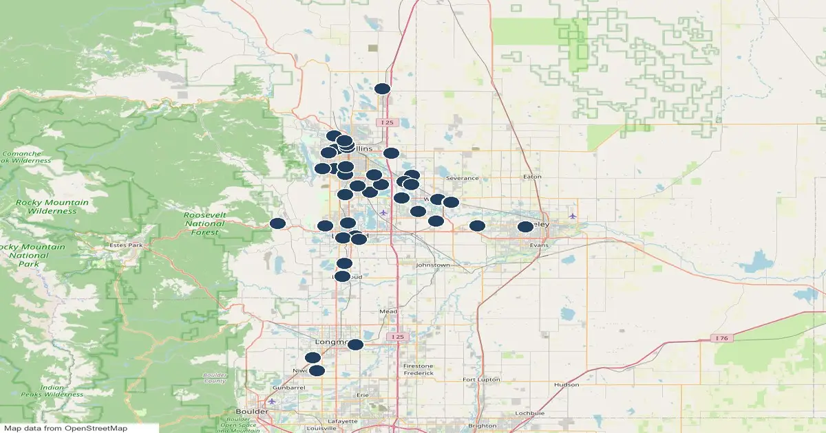 Map of 40 public pickleball court locations in the Northern Colorado, Colorado, for buyers looking for homes near pickleball courts