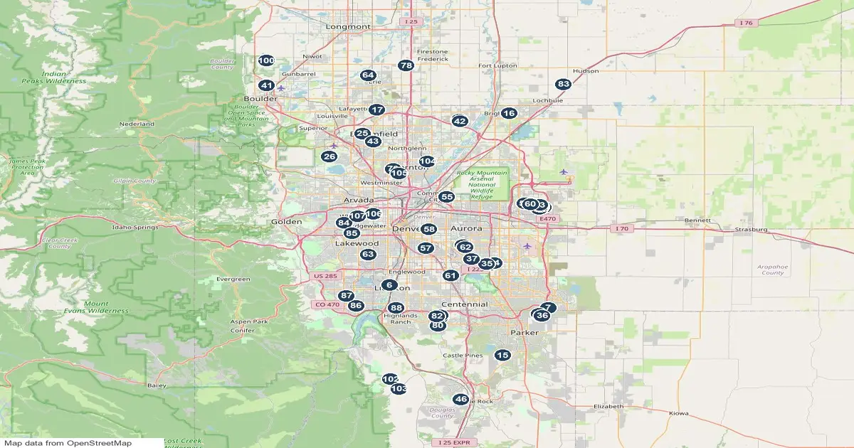 Map of 55+ and active adult communities in the Denver metro, Colorado, numbered to match the list of communities with homes for sale