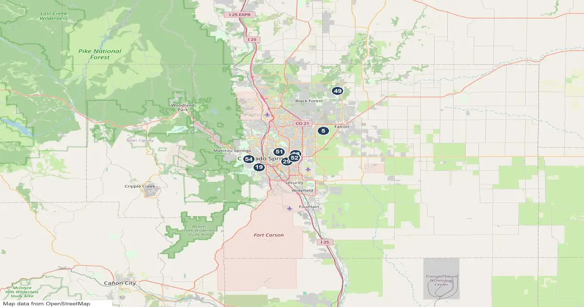 Map of 55+ and active adult communities in the Colorado Springs area, Colorado, numbered to match the list of communities with homes for sale