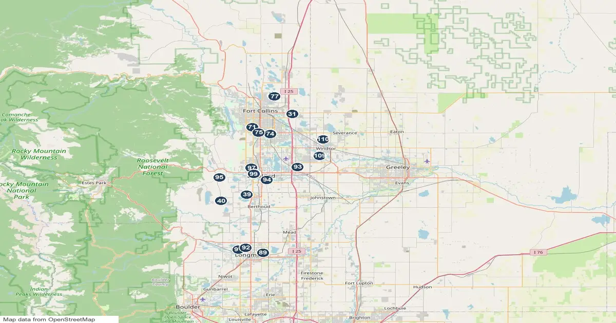 Map of 55+ and active adult communities in the Northern Colorado, Colorado, numbered to match the list of communities with homes for sale