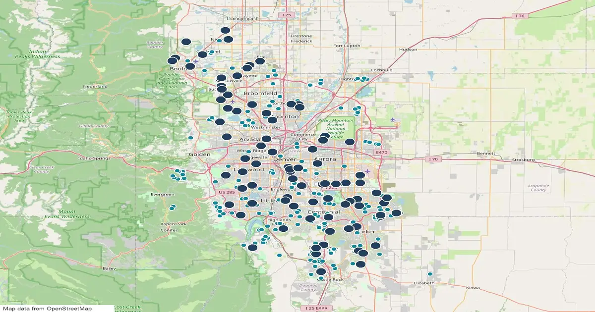Map of the Denver metro showing 88 public pickleball court locations as numbered pins and 382 homes for sale near them as teal dots