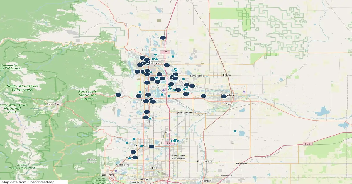 Map of Northern Colorado from Longmont to Fort Collins showing 40 public pickleball court locations as numbered pins and 81 homes for sale near them as teal dots