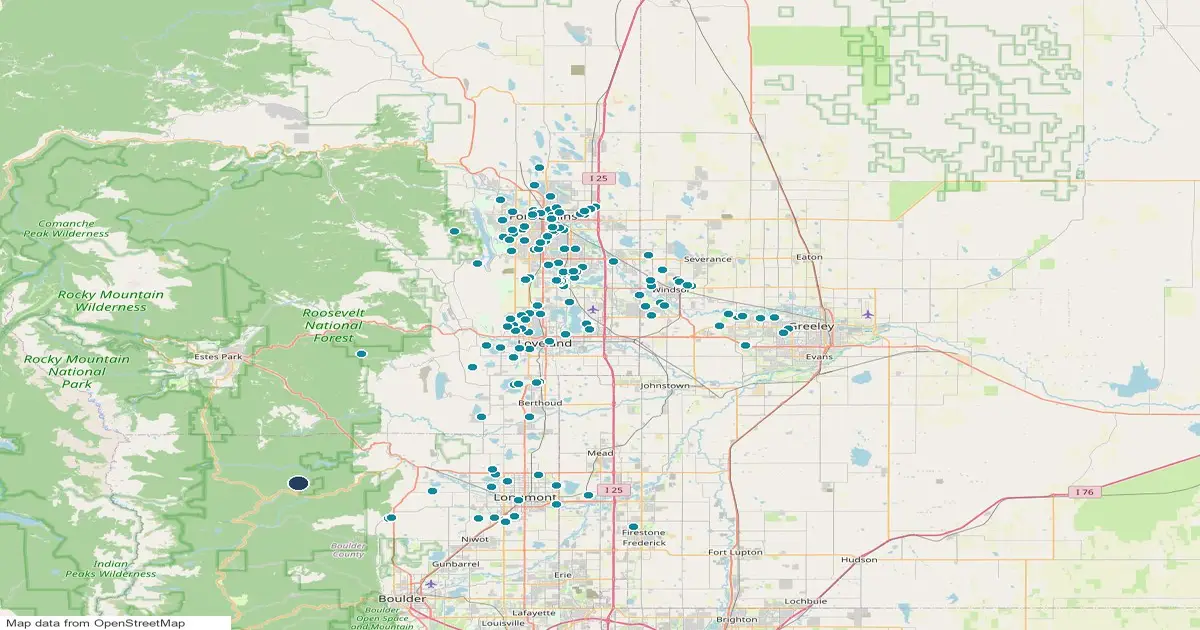 Map of Northern Colorado showing 169 homes for sale whose listings name a trail as teal dots