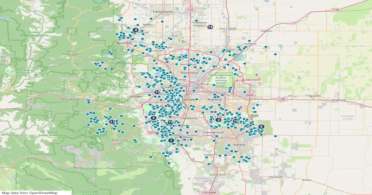 Map of the Denver metro, Colorado, showing 10 lakes and reservoirs as numbered pins and 1170 homes for sale whose listings name a lake or reservoir as teal dots