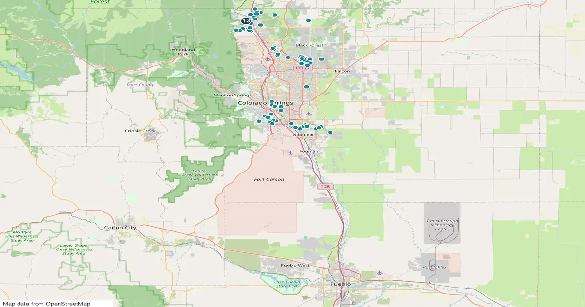 Map of the Colorado Springs area, Colorado, showing 1 lakes and reservoirs as numbered pins and 115 homes for sale whose listings name a lake or reservoir as teal dots