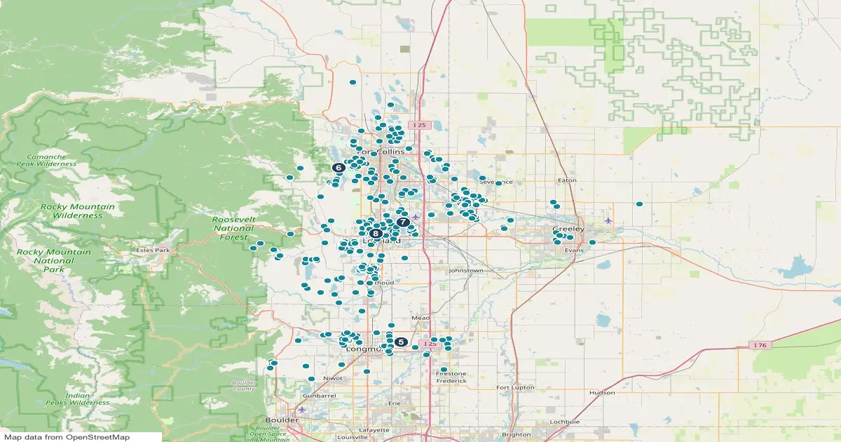 Map of the Northern Colorado, Colorado, showing 4 lakes and reservoirs as numbered pins and 453 homes for sale whose listings name a lake or reservoir as teal dots