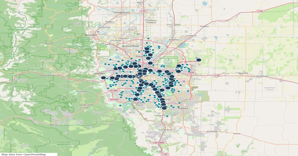 Map of the Denver metro showing 79 RTD light rail and commuter rail stations as pins and 676 homes for sale whose listings name light rail as teal dots