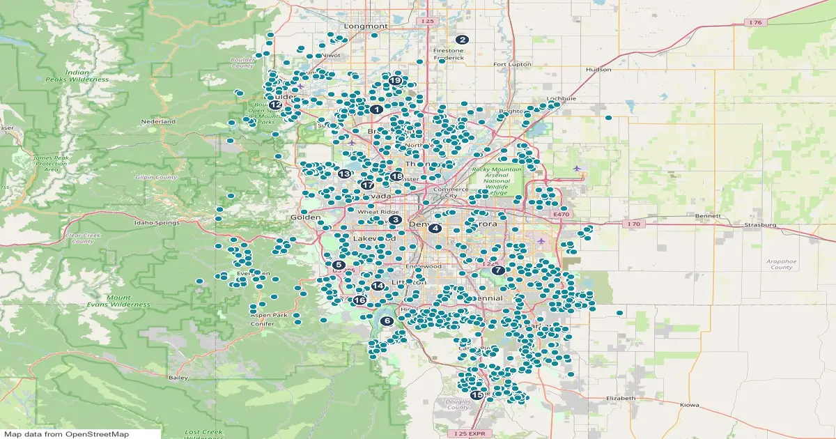 Map of the Denver metro, Colorado, showing 15 major parks and open spaces as numbered pins and 1328 homes for sale whose listings name open space as teal dots