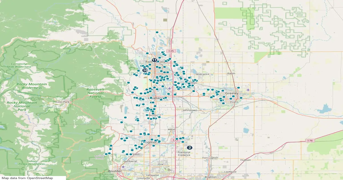 Map of the Northern Colorado, Colorado, showing 3 major parks and open spaces as numbered pins and 295 homes for sale whose listings name open space as teal dots