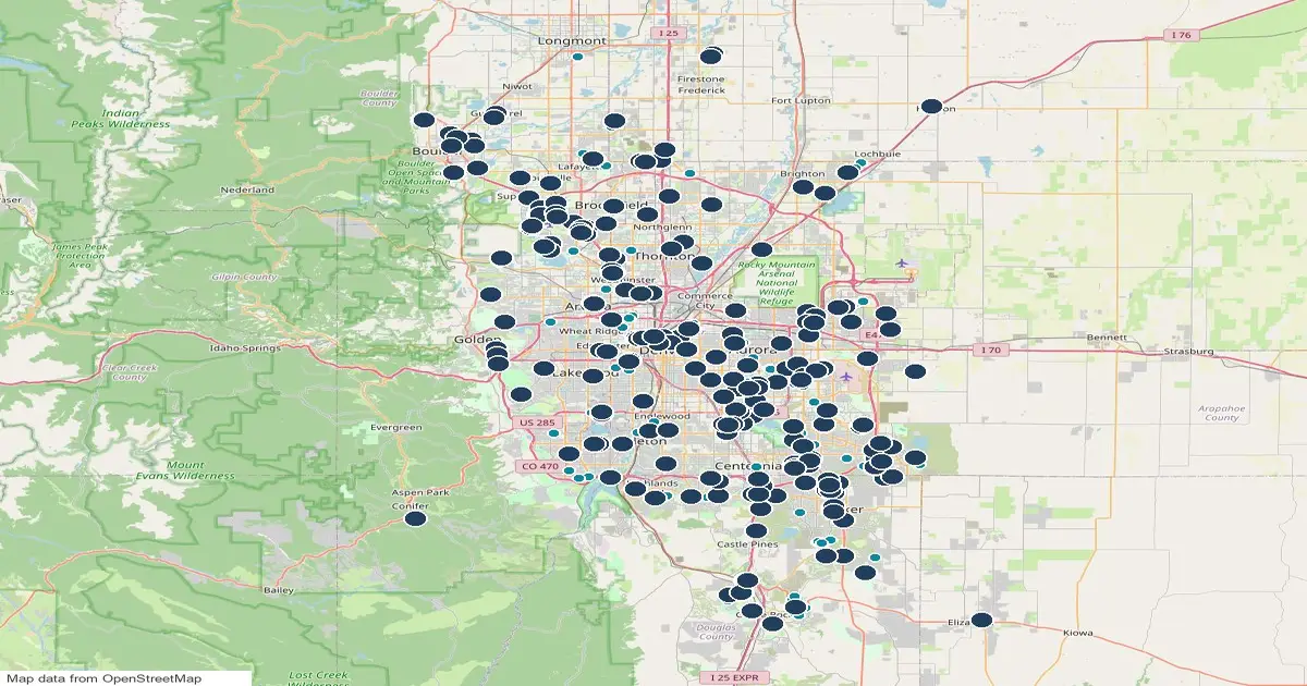 Map of the Denver metro, Colorado, showing 219 dog parks as pins and 150 homes for sale whose listings name a dog park as teal dots