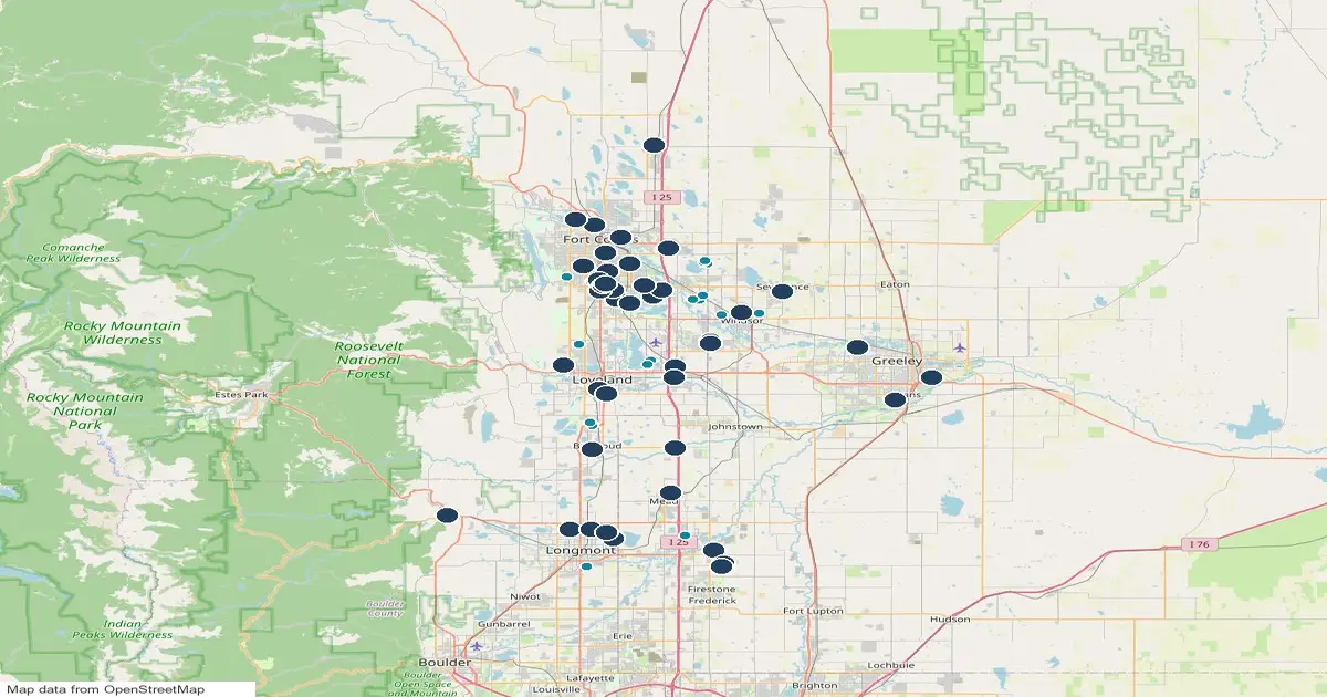 Map of the Northern Colorado, Colorado, showing 43 dog parks as pins and 26 homes for sale whose listings name a dog park as teal dots