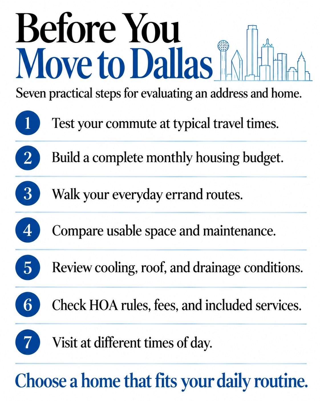 Seven-step Dallas moving checklist covering commutes, housing costs, walking routes, maintenance, property condition, HOA requirements, and repeat visits.