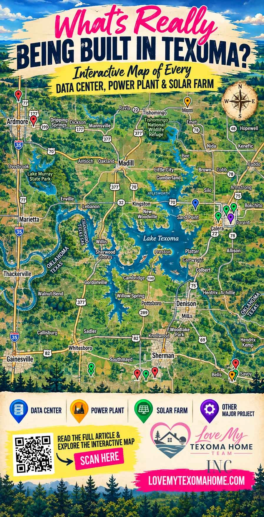 Texoma data centers, power plants and solar farms infographic map 2026 showing Lake Texoma, Sherman, Denison, Durant, Calera, Ardmore, Madill, Kingston, Gainesville and Savoy project pins