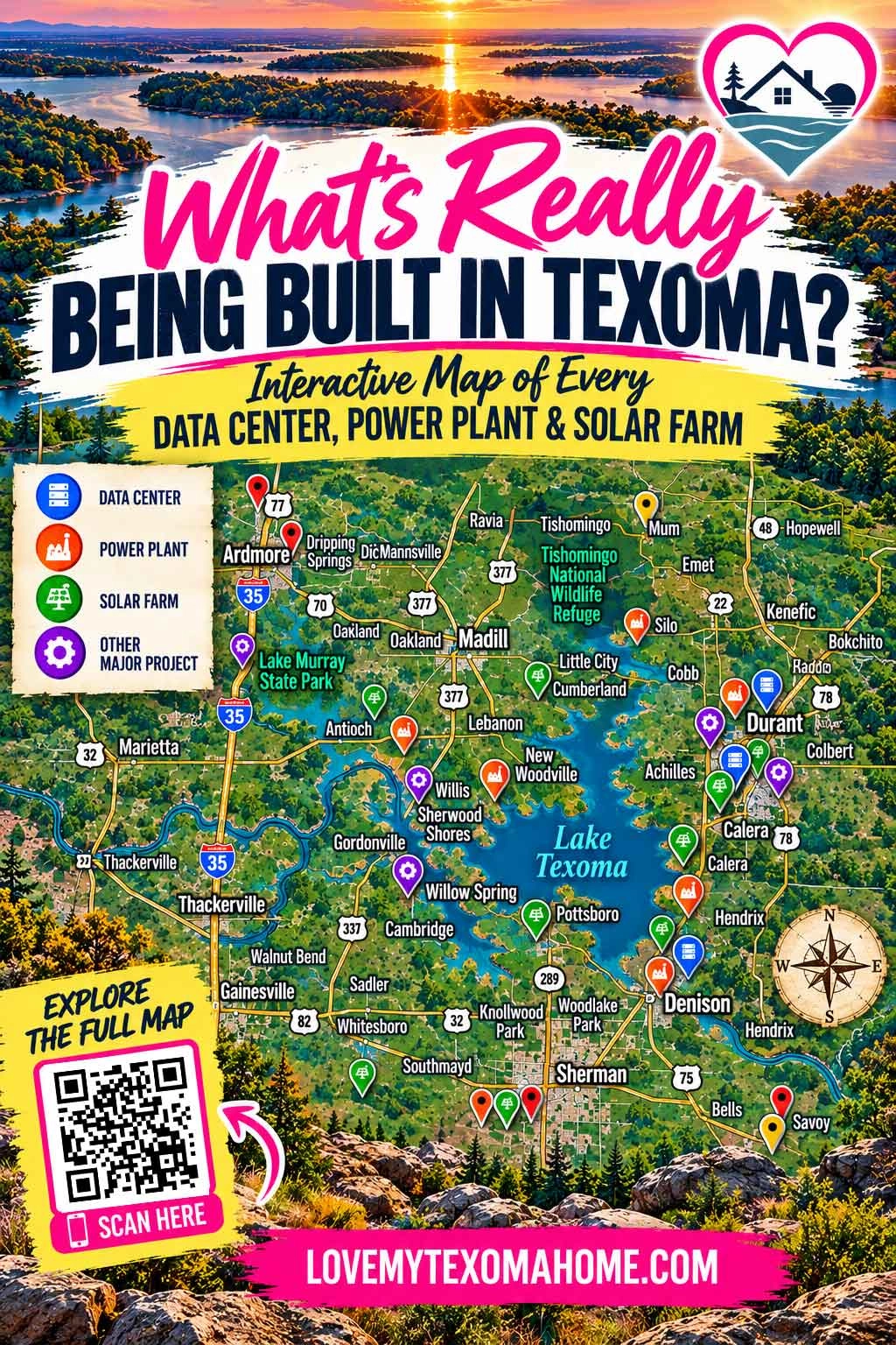 Pinterest pin: What’s really being built in Texoma? Interactive map of every data center, power plant and solar farm around Lake Texoma, Oklahoma and Texas