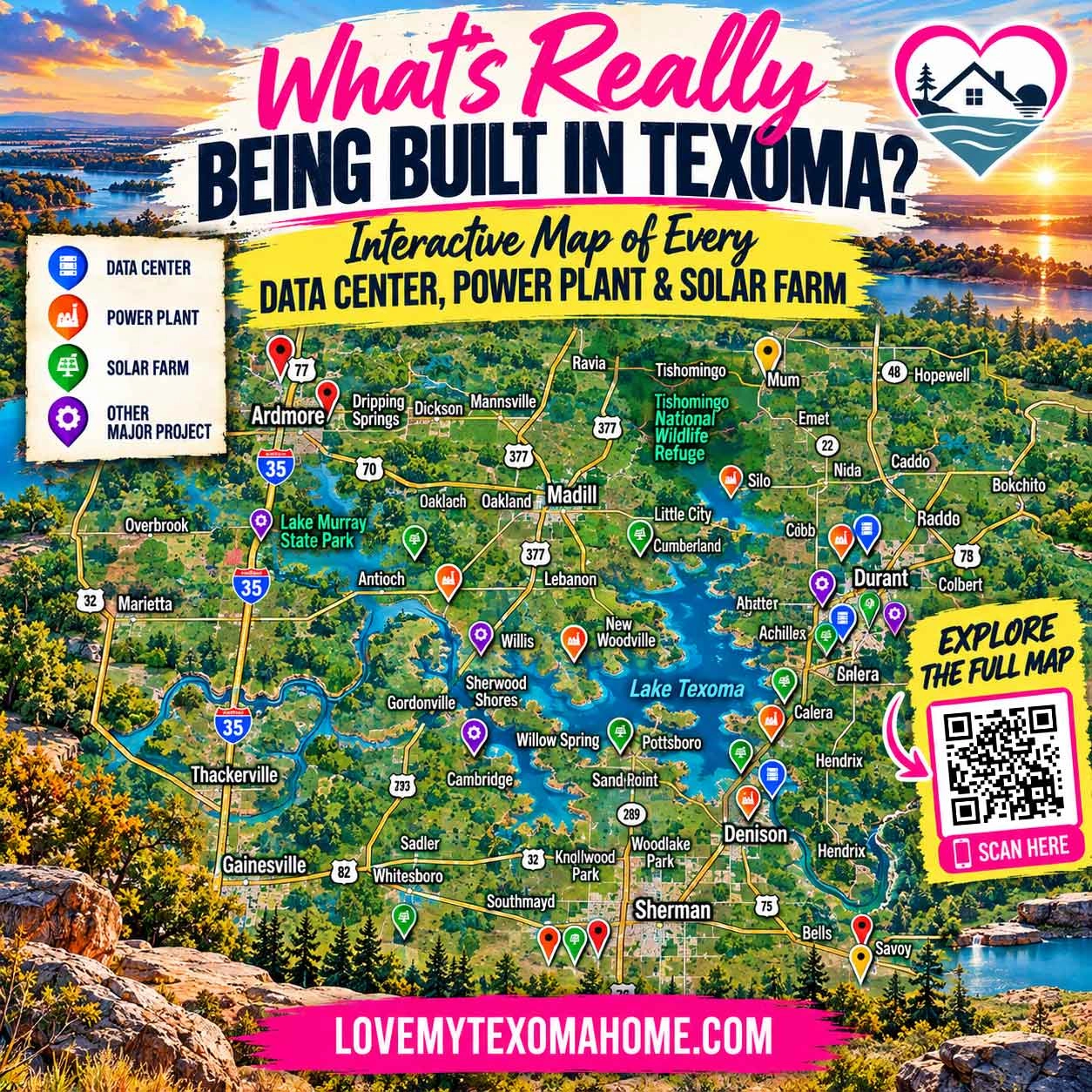 Texoma data centers and power plants map square image for Instagram and X Texoma data centers and power plants map square image for Instagram and X