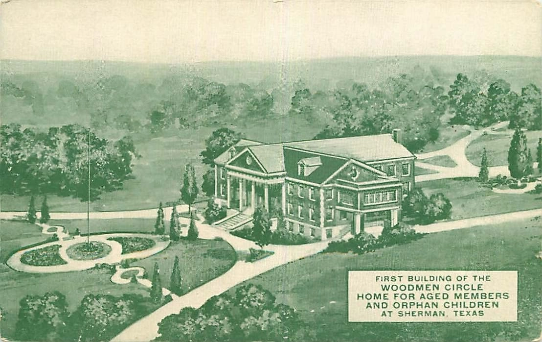 Early postcard rendering of the first building of the Woodmen Circle Home for Aged Members and Orphan Children at Sherman, Texas