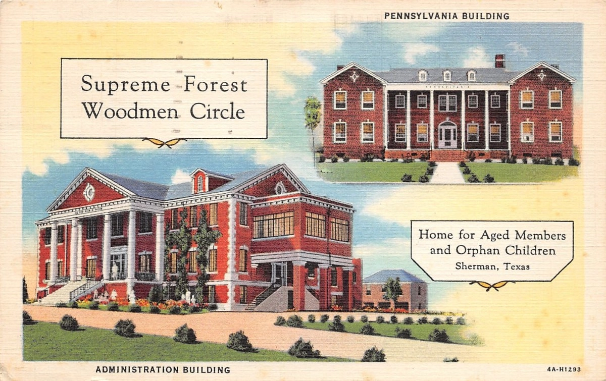 Linen postcard of the Woodmen Circle Home main building and Pennsylvania Building in Sherman, Texas