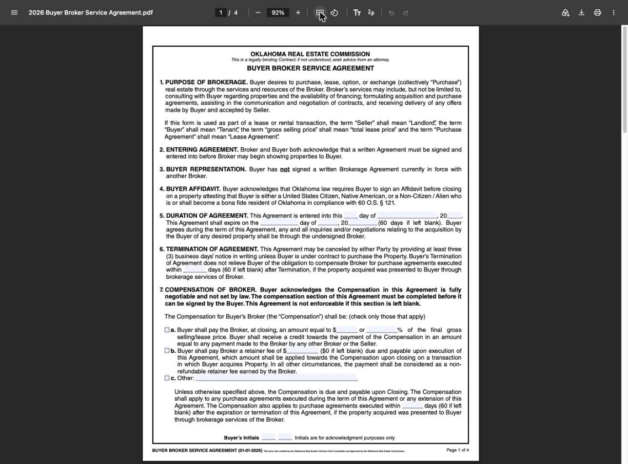 Page 1 of the Oklahoma Real Estate Commission (OREC) Buyer Broker Service Agreement, 2026 form