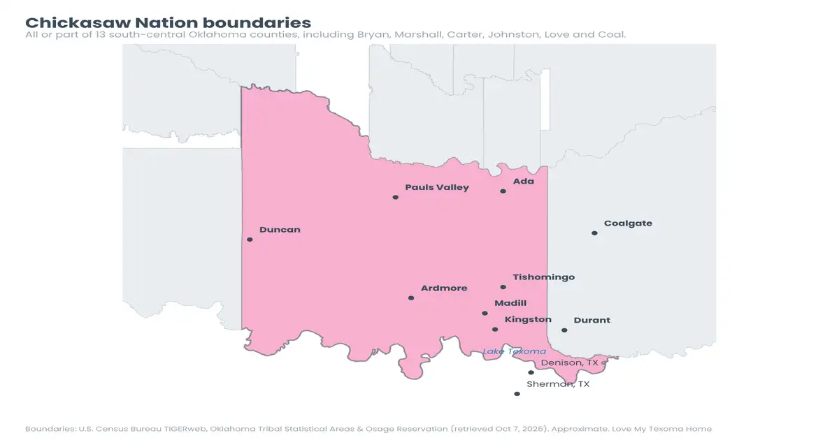 Chickasaw Nation boundary map with Ardmore, Ada, Madill and Kingston