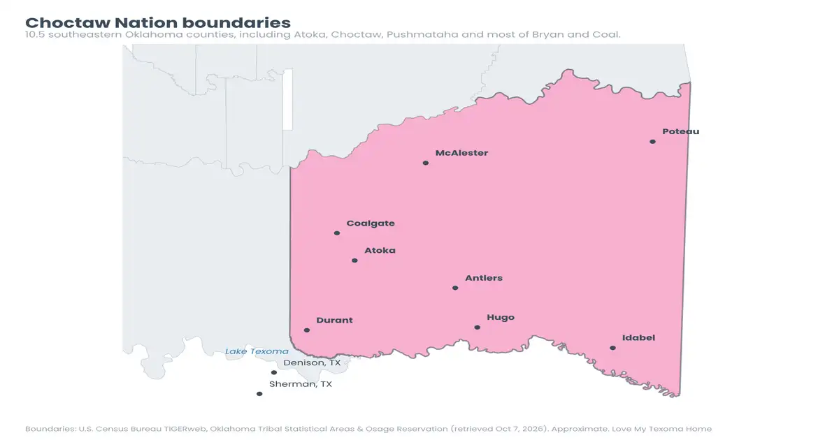 Choctaw Nation boundary map with Durant, Atoka, Hugo and McAlester