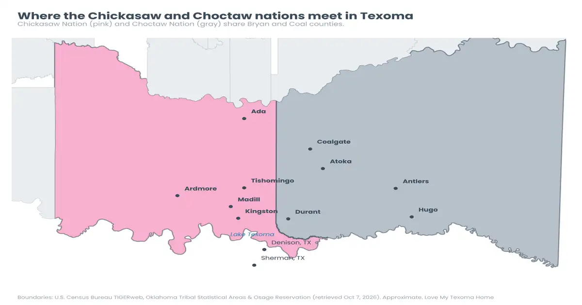 Map of where the Chickasaw and Choctaw nations meet in Texoma