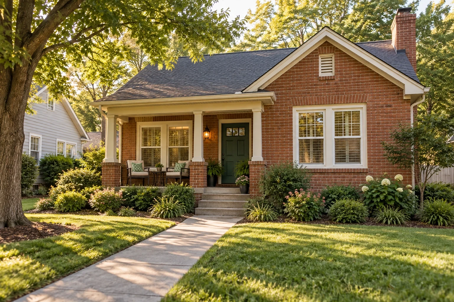 Illustrative brick cottage with a green front door, small porch and garden