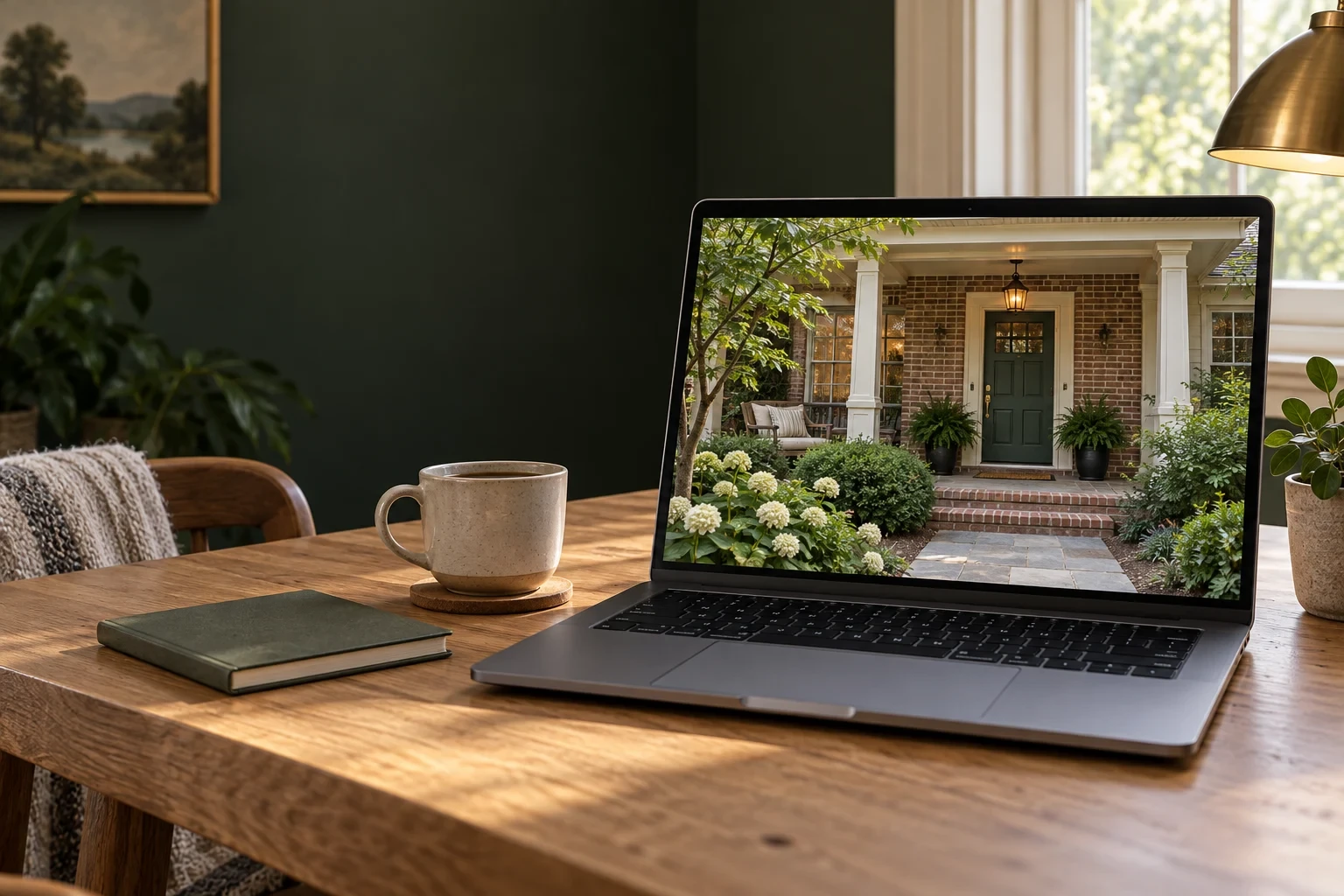 Illustrative laptop view of a brick home's porch and green front door