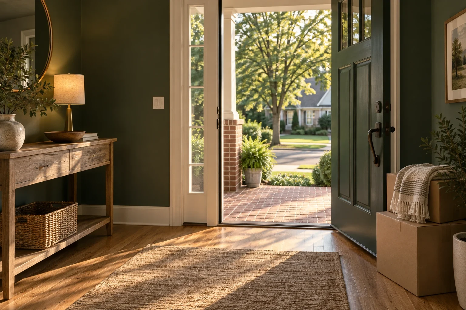 Illustrative moving boxes beside an open green door and brick porch