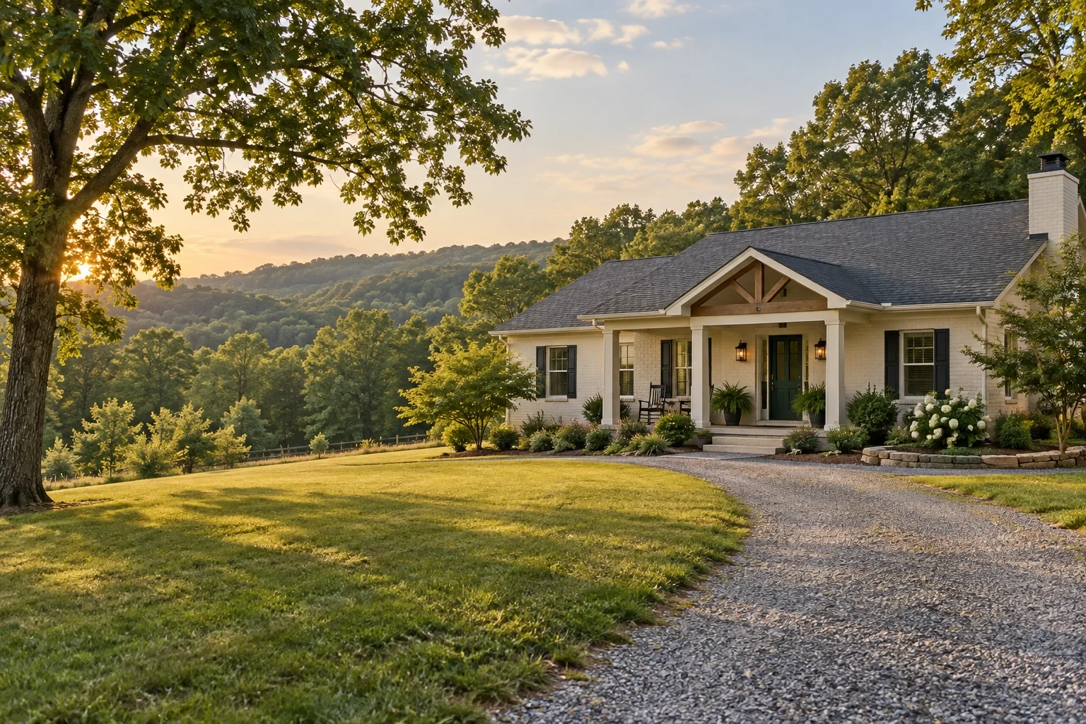 Illustrative home with a green door, gravel drive and open land among wooded hills
