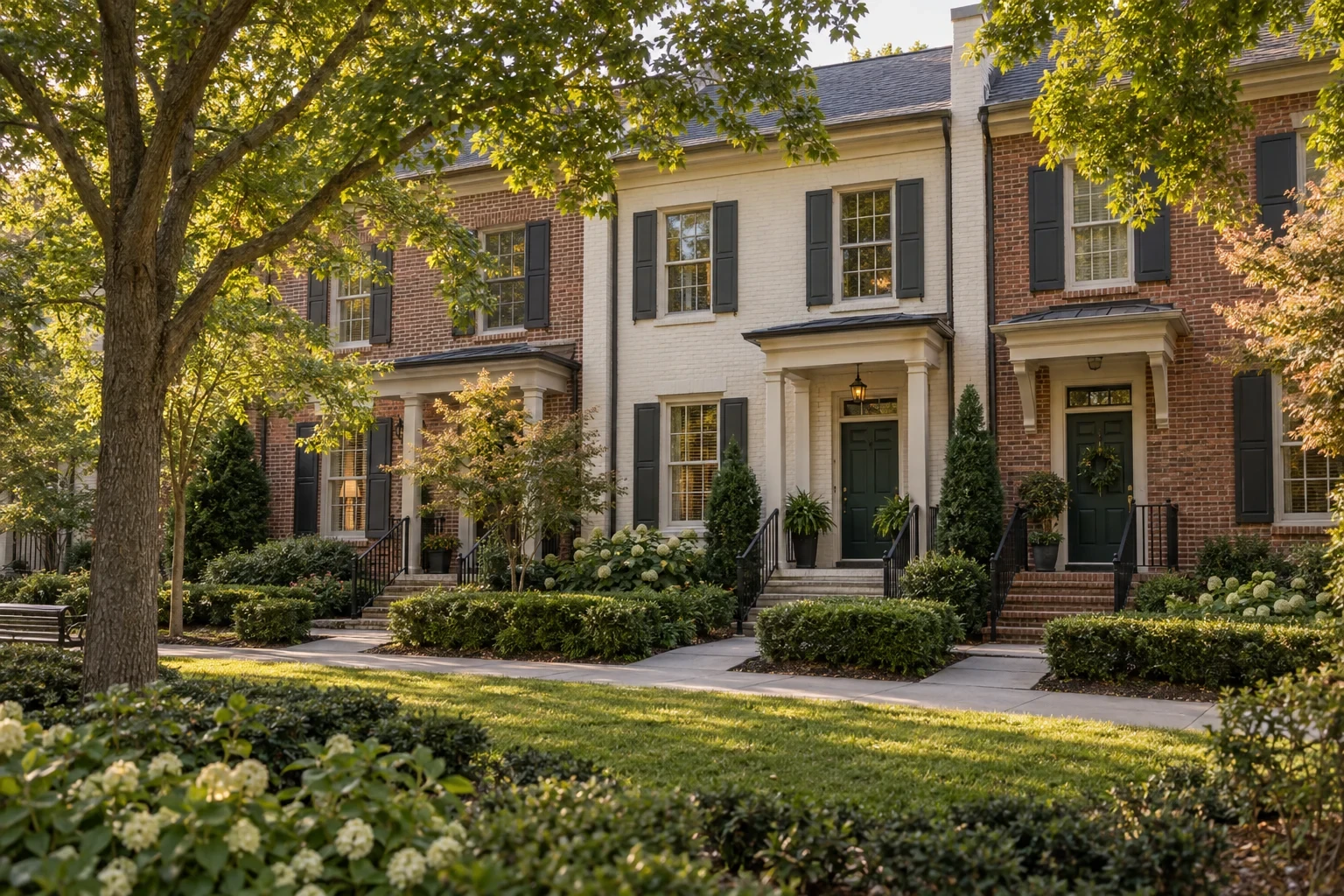 Illustrative brick townhomes with green front doors and a landscaped shared approach