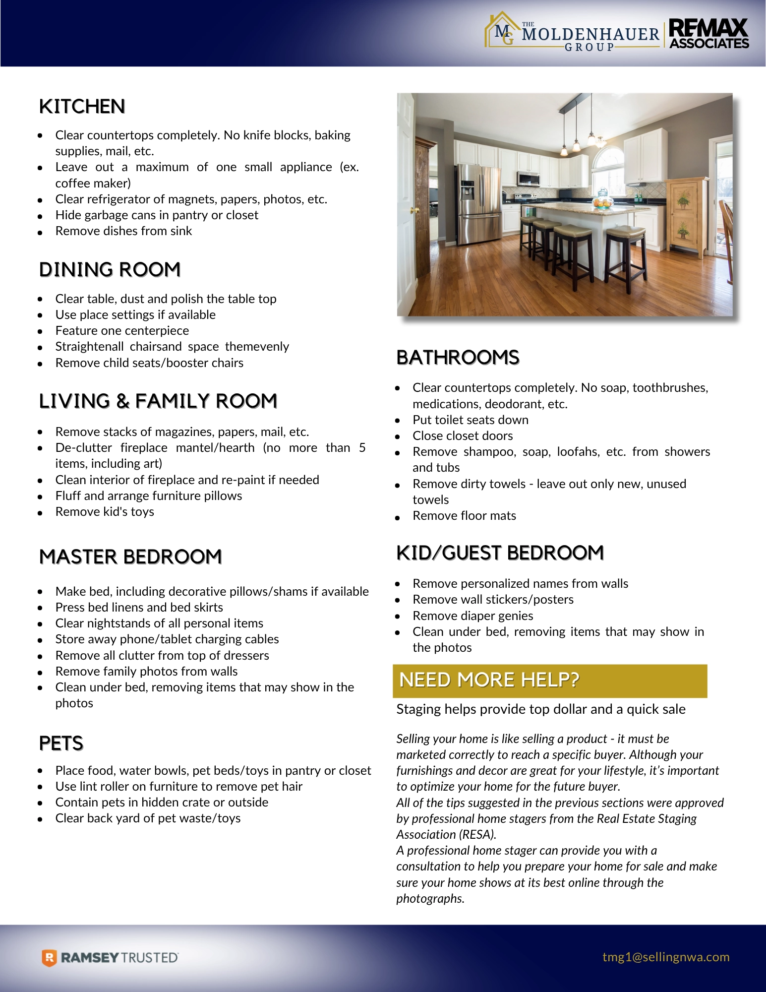 The Moldenhauer Group’s original photo-preparation checklist, page 2: kitchen, dining and living rooms, bedrooms, bathrooms and pets.