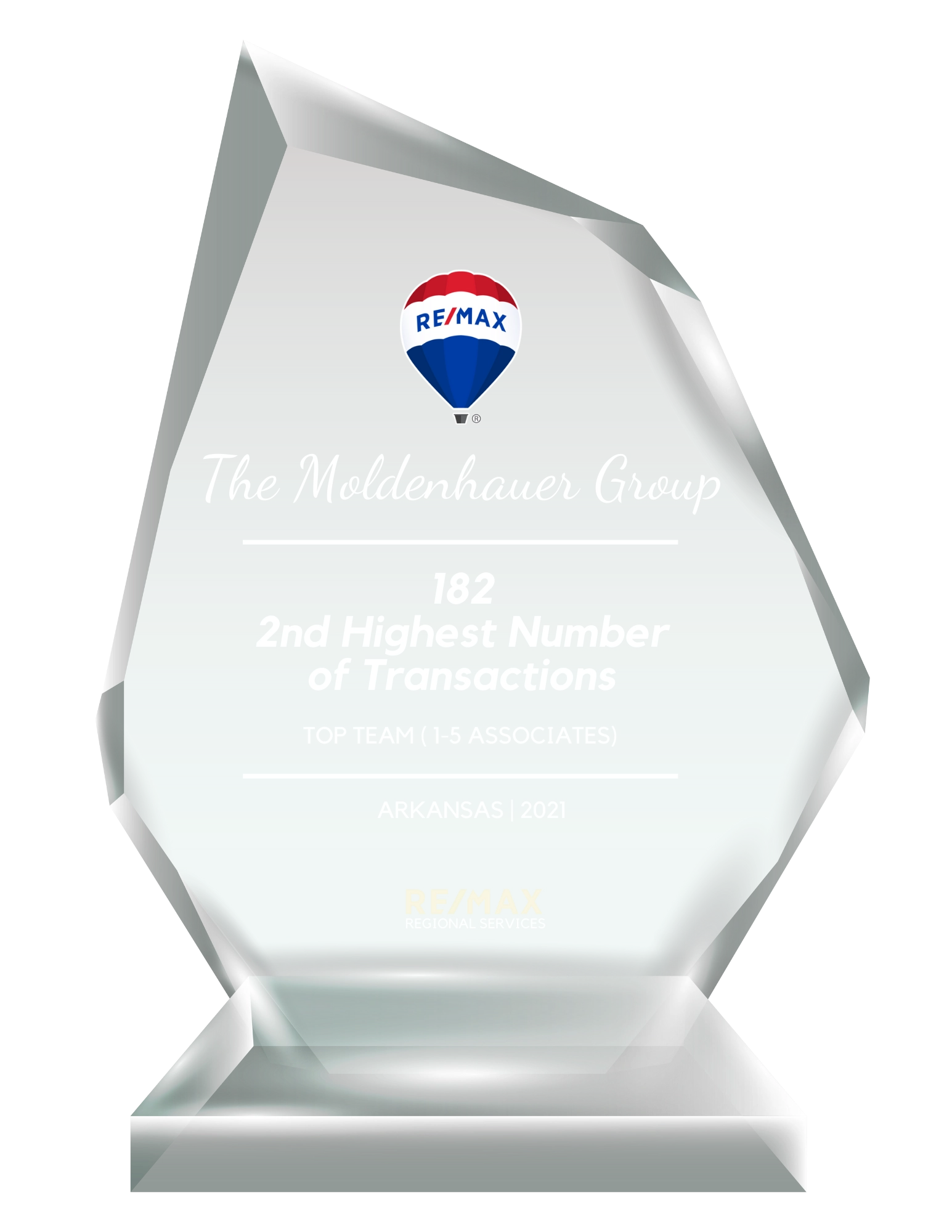 2021 RE/MAX Arkansas Second-highest number of transactions award presented to The Moldenhauer Group