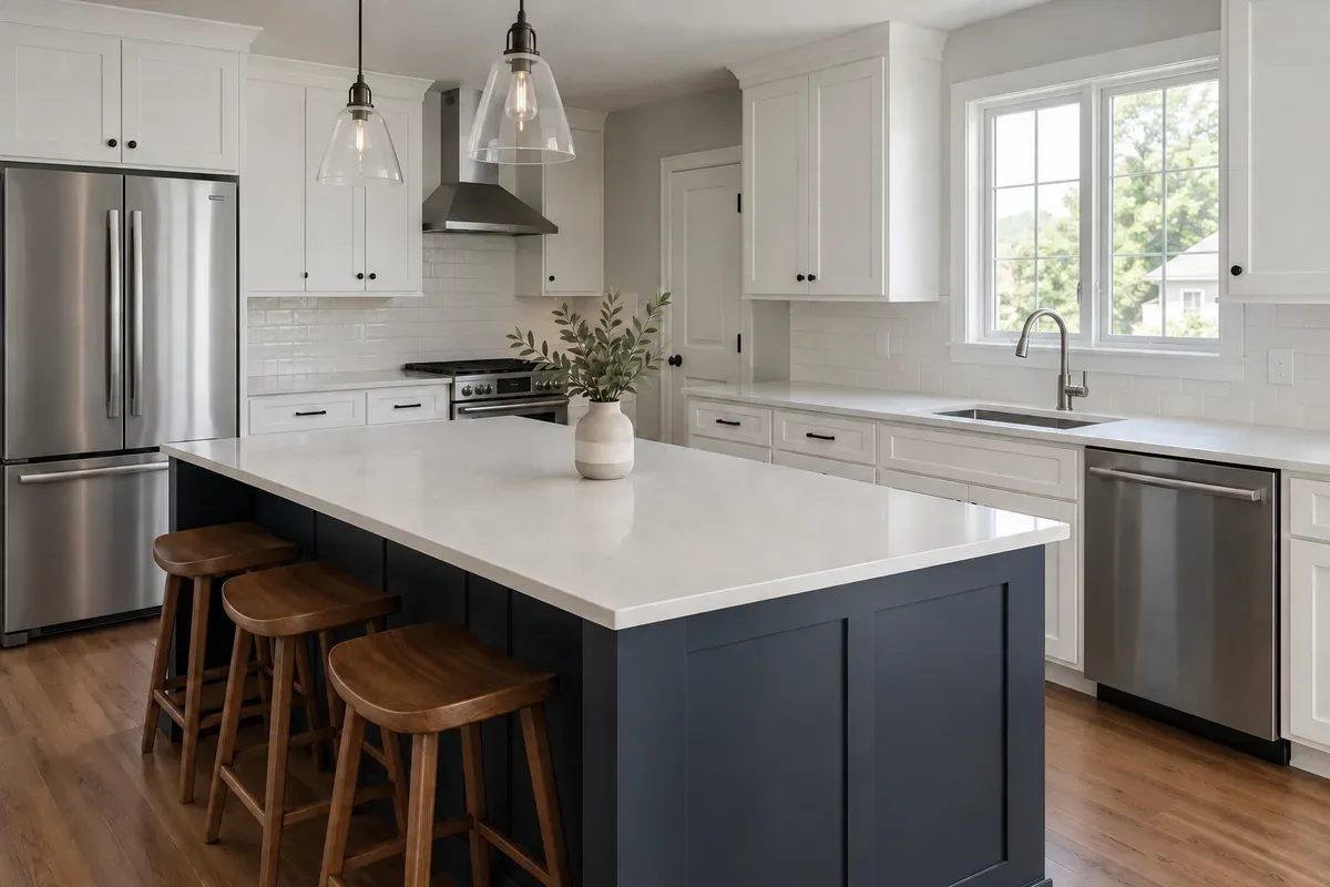 Illustrative kitchen with cleared counters, an empty sink and a refrigerator without papers or magnets.