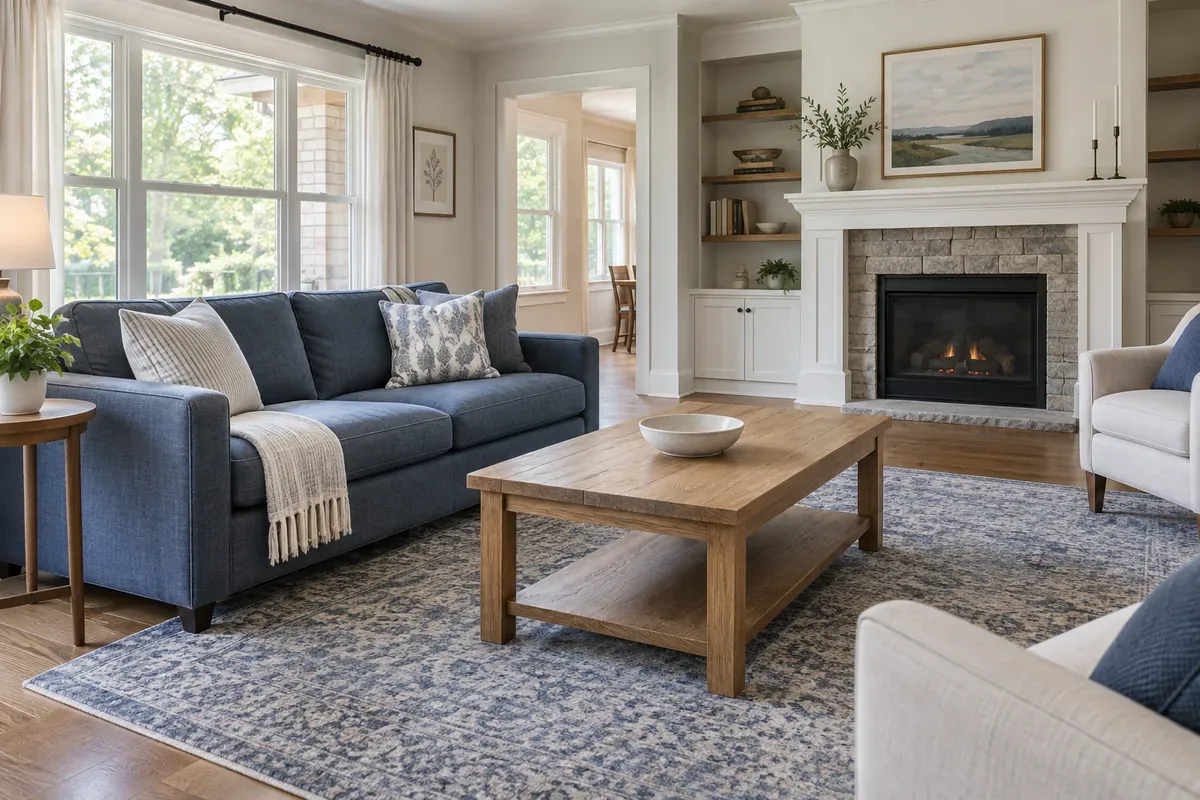 Illustrative living room with straightened cushions, a folded throw and a clear coffee table.