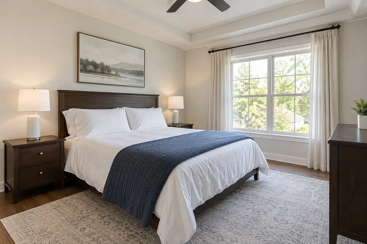Illustrative bedroom with a neatly made bed, clear bedside tables and no visible laundry.