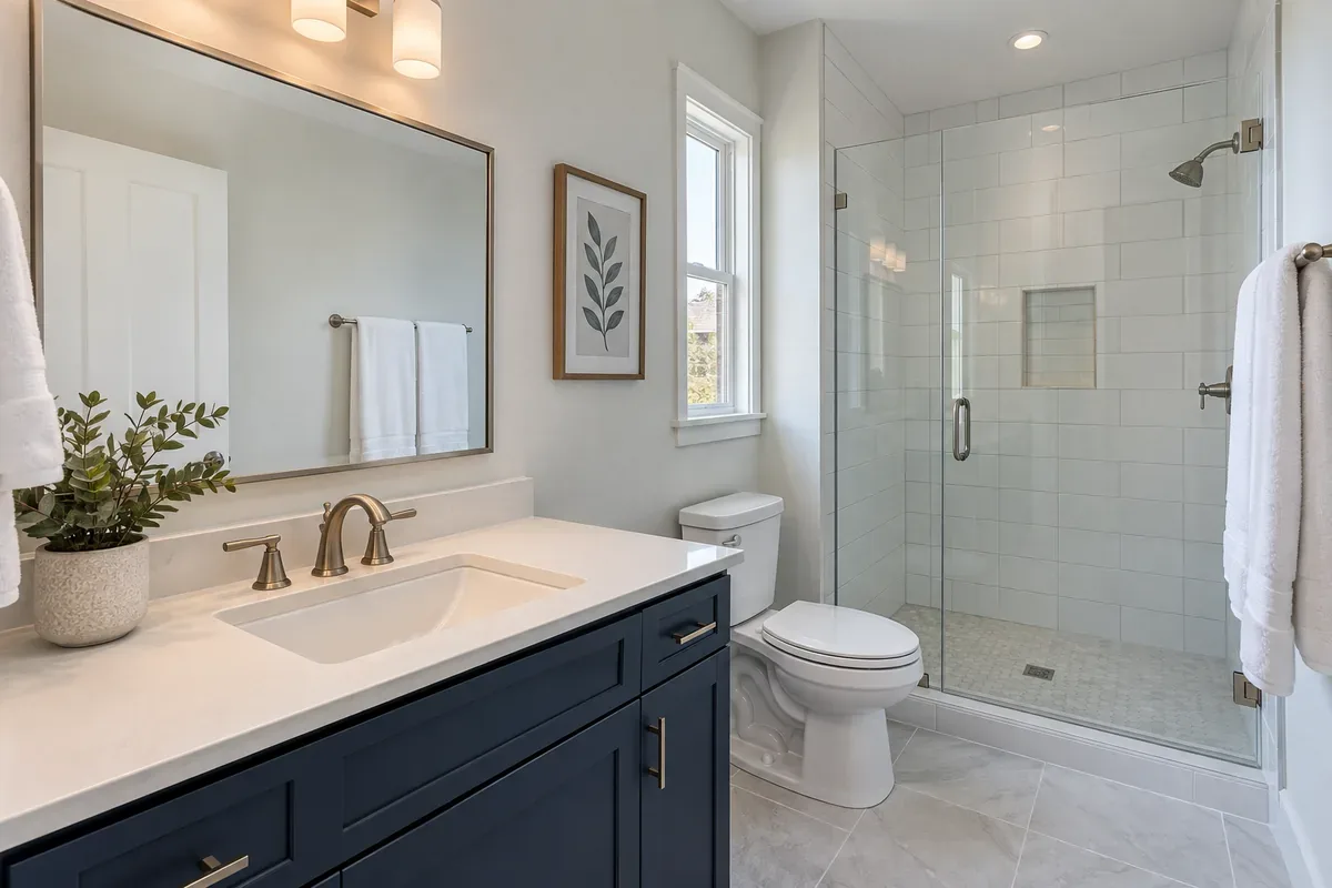 Illustrative bathroom with a clear vanity, clean shower, neatly hung towels and a closed toilet lid.
