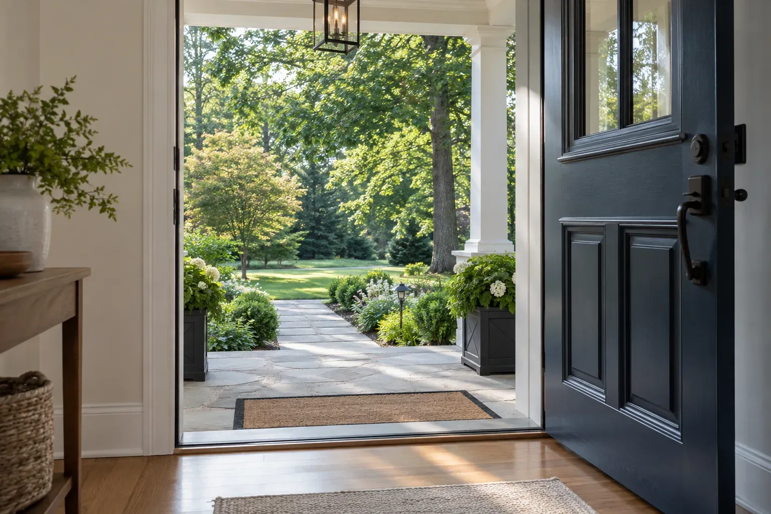 Illustrative home: an open navy front door looks out onto a shaded porch and garden