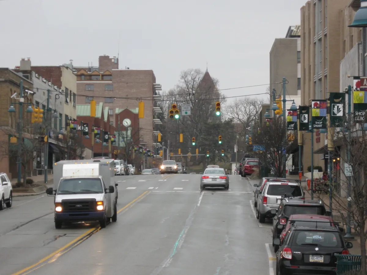 Uptown Mt. Lebanon business district along Washington Road looking north from Alfred Street