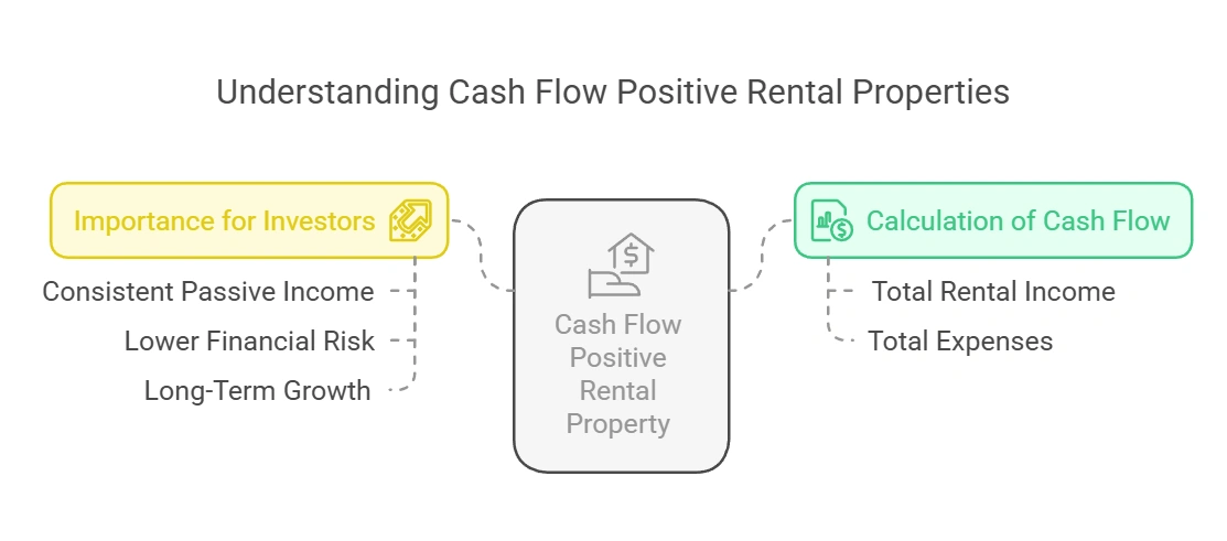 Understanding Cash Flow Positive Rental Properties Infographic explaining cash flow positive rental properties, highlighting their importance for investors and the formula to calculate cash flow.