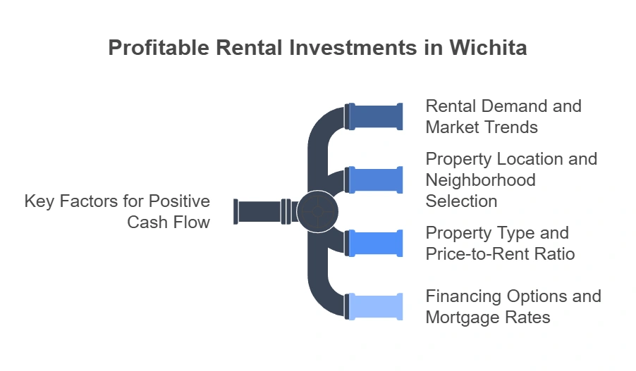 Profitable Rental Investments in Wichita: Key Factors Diagram showing key factors for positive cash flow in rental properties, including rental demand, location, price-to-rent ratio, and financing options.